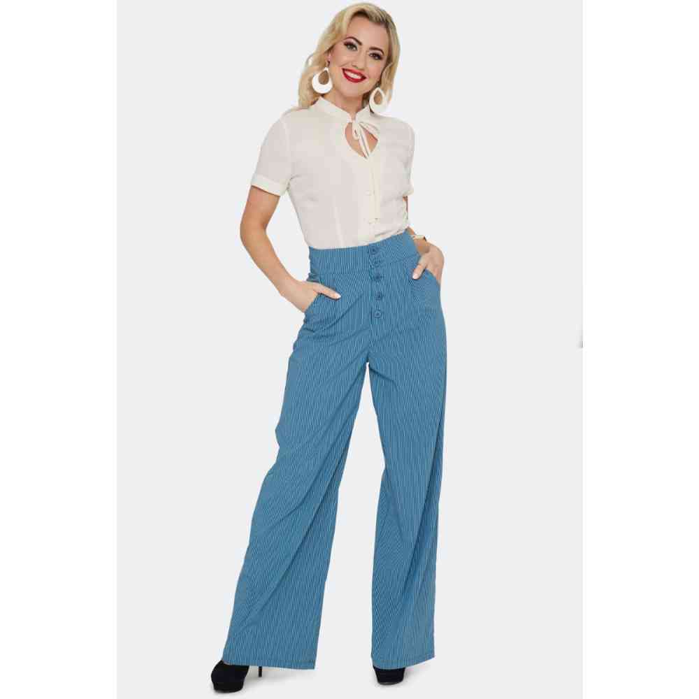 Voodoo Vixen - Button Up Pinstripe Suspender Weite Hose - Blau